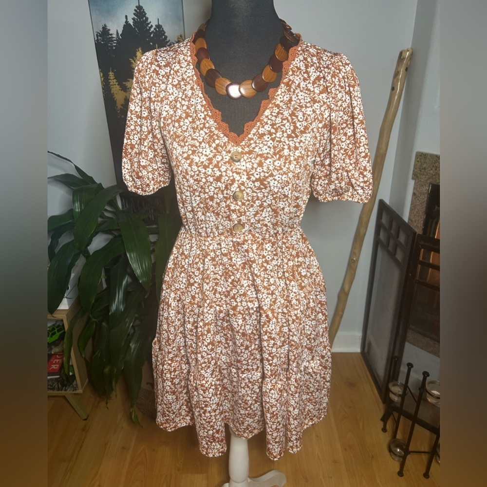 Blu Pepper Women’s Floral Short puff Sleeve S Dress boho babydoll burnt orange